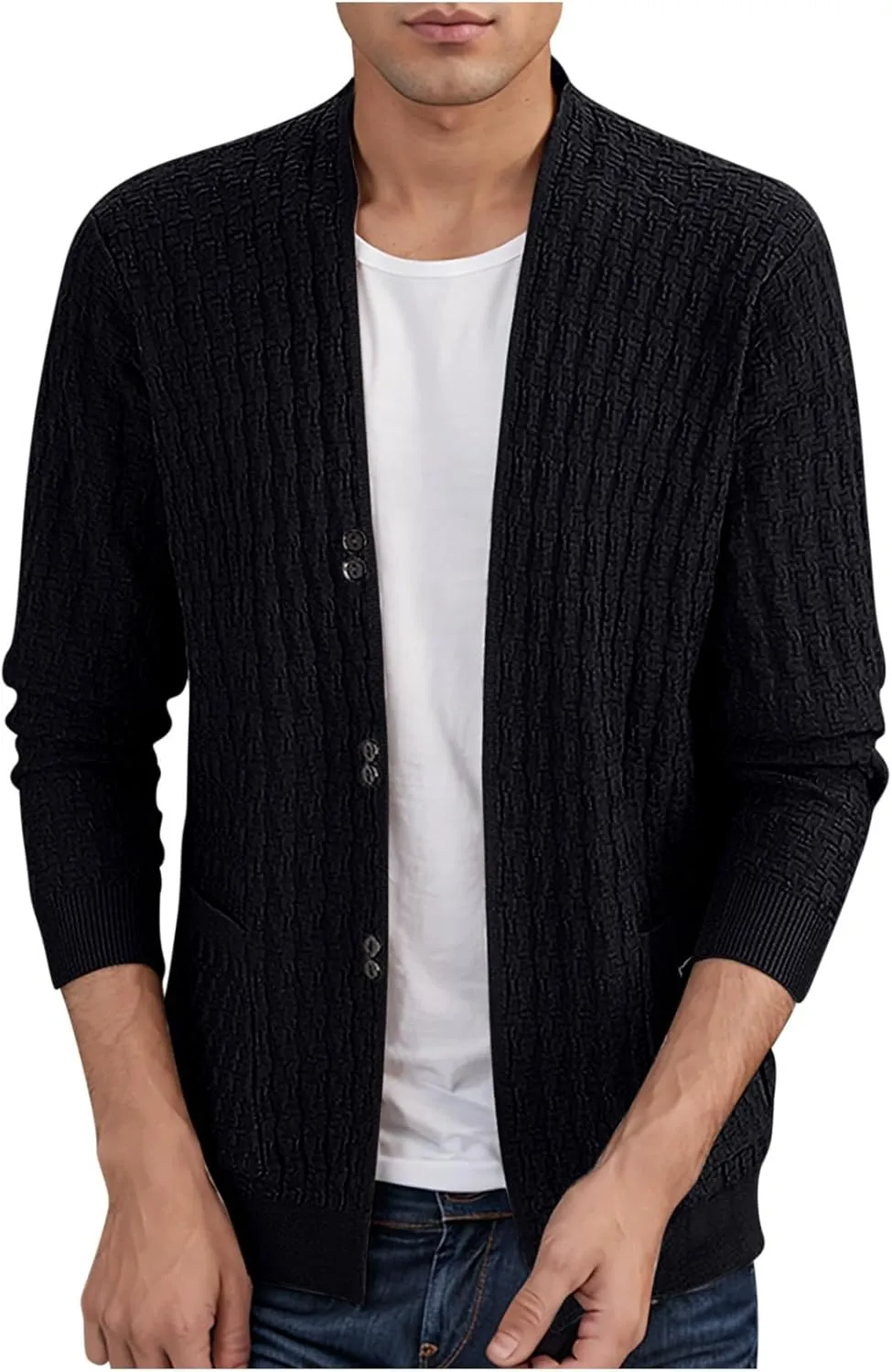 Cardigan Sweaters for Men Ribbed Knit Sweater Button Down Open Front Cardigan Casual Outwear V Neck Jacket with Pockets