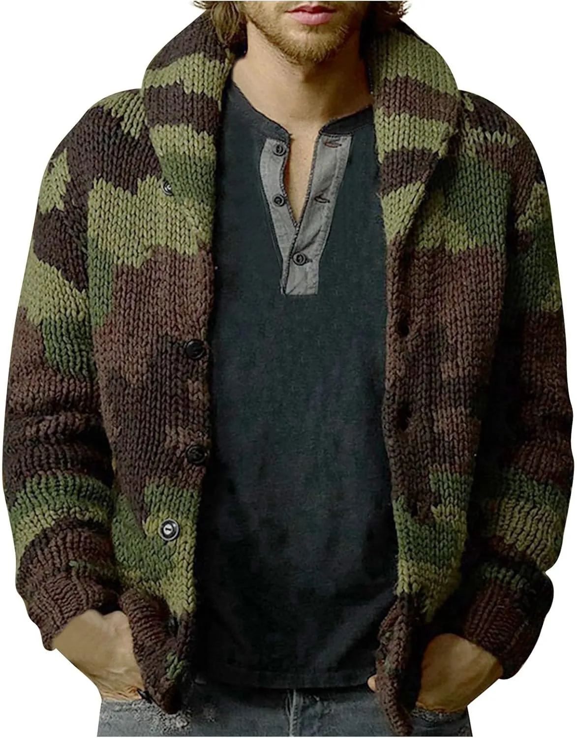 Cardigan Sweaters for Men Striped Cardigan Sweaters Big and Tall Shawl Collar Knit Sweater Button Down Casual Sweater