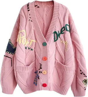 Cardigan Sweaters for Women Cable Knit Cardigan Oversized Button Up Sweaters V Neck Casual Winter Coats with Pockets