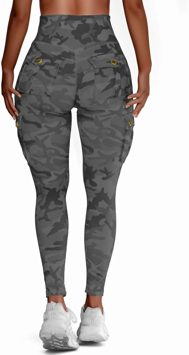 Cargo Leggings with Pockets for Women Camo High Waist Tummy Control Running Yoga Pants Cozy Butt Lifting Leggings