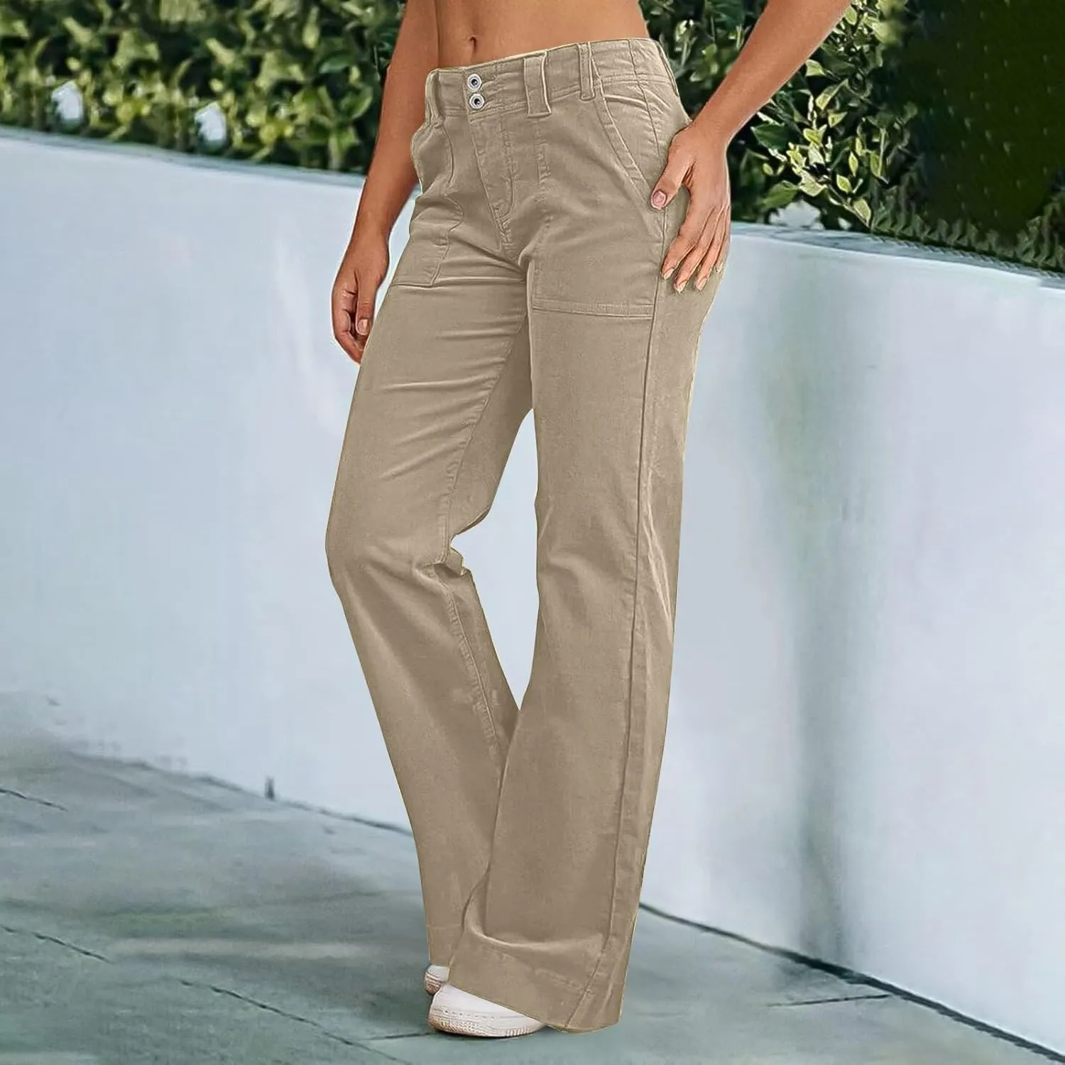 Casual Flare Pants for Women Classic Stretch Twill Pants High Waisted Chino Pants Comfy Wide Leg Pants with Pockets