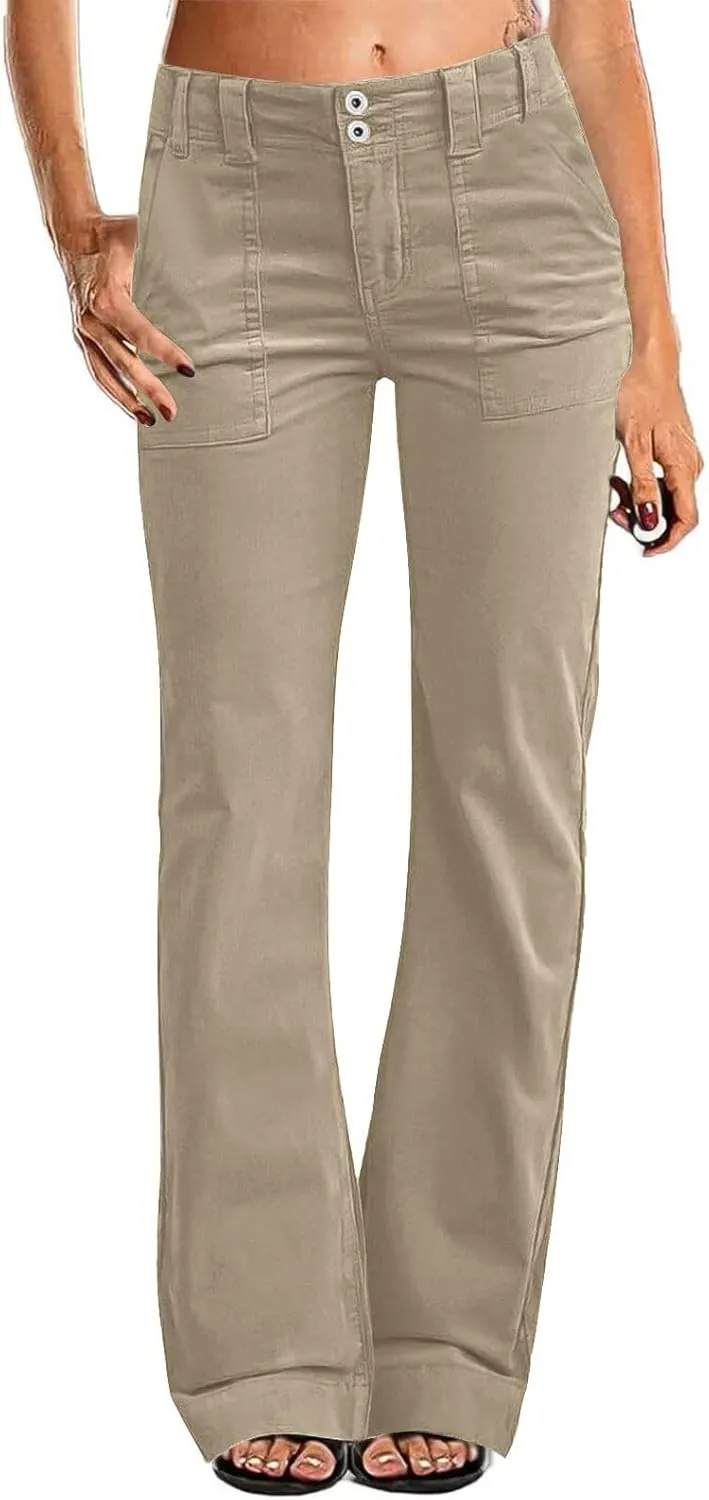 Casual Flare Pants for Women Classic Stretch Twill Pants High Waisted Chino Pants Comfy Wide Leg Pants with Pockets