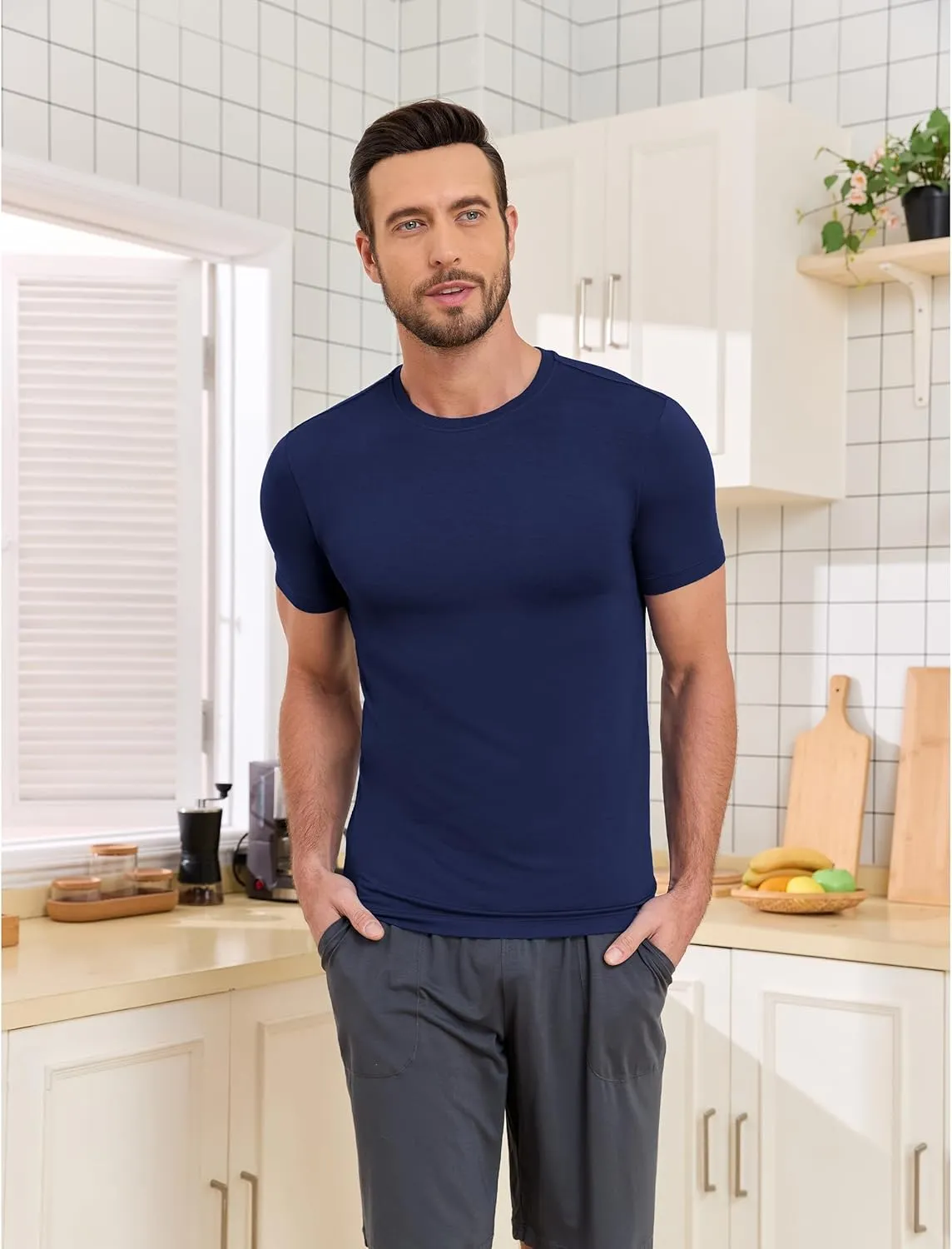 CF Men's Undershirts Bamboo Rayon Moisture Wicking T-Shirts Short Sleeve Crewneck Tees for Men Slim Fit T-Shirts 3 or 5 Pack