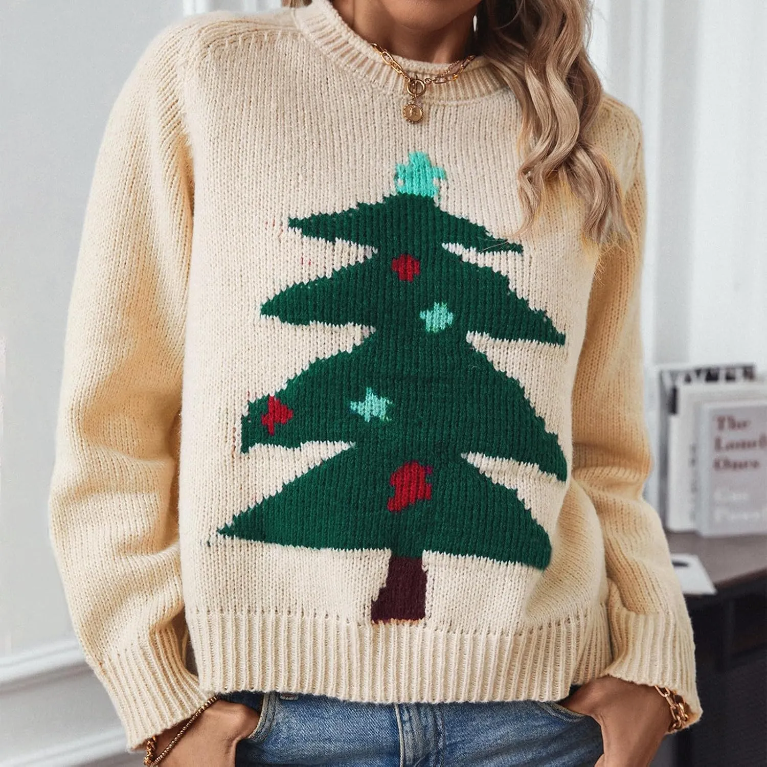 Christmas Sweaters for Women Xmas Reindeer Funny Ugly Sweater Long Sleeve Basic Cable Knit Sweaters Crewneck Cozy Top