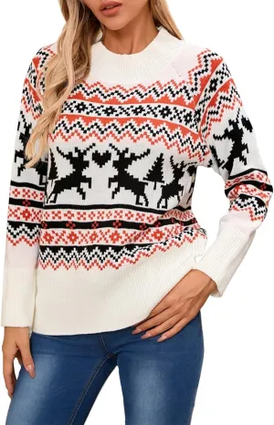 Christmas Sweaters for Women Xmas Reindeer Funny Ugly Sweater Long Sleeve Basic Cable Knit Sweaters Crewneck Cozy Top