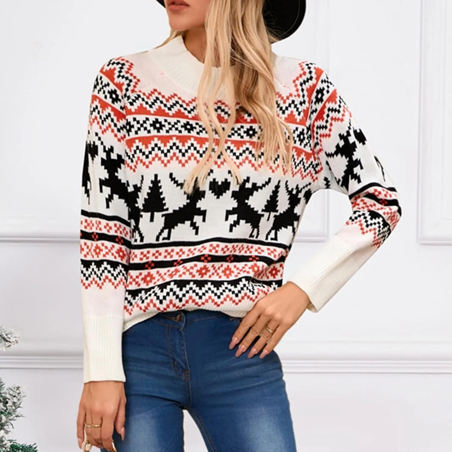 Christmas Sweaters for Women Xmas Reindeer Funny Ugly Sweater Long Sleeve Basic Cable Knit Sweaters Crewneck Cozy Top