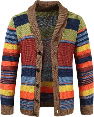 Color Block Sweater Men Shawl Collar Cardigans Button Up Knit Cardigan Slim Fit Lightweight Cable Knit Sweaters
