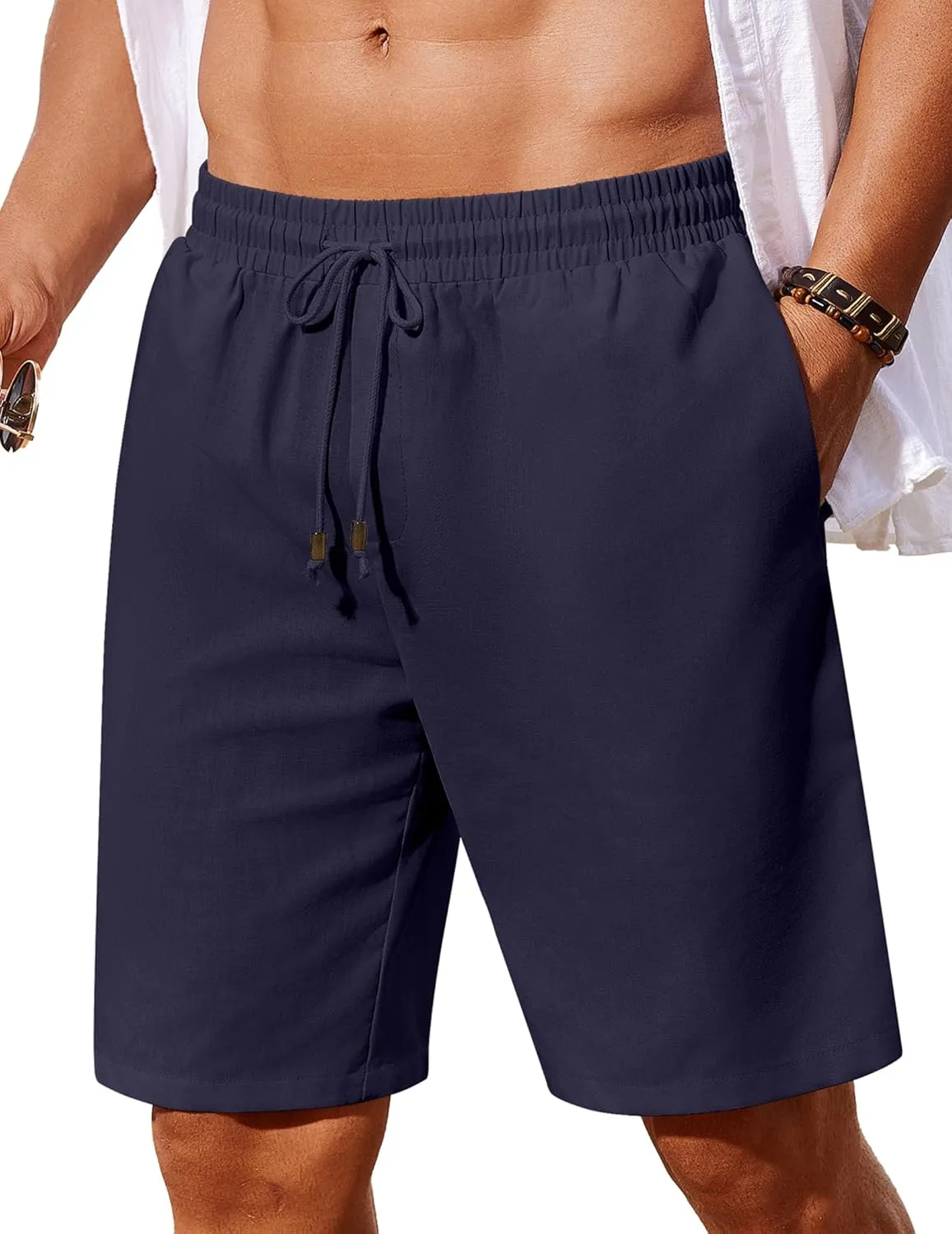 COOFANDY Men's Linen Shorts Casual Summer Beach Shorts Elastic Waist Drawstring Vacation Shorts with Pockets