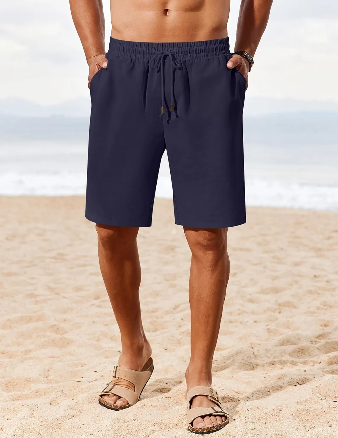 COOFANDY Men's Linen Shorts Casual Summer Beach Shorts Elastic Waist Drawstring Vacation Shorts with Pockets