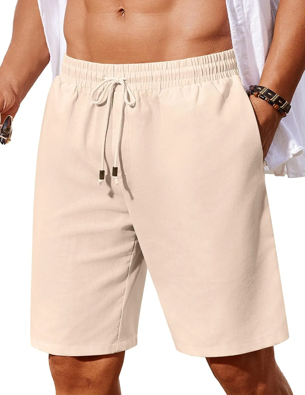 COOFANDY Men's Linen Shorts Casual Summer Beach Shorts Elastic Waist Drawstring Vacation Shorts with Pockets