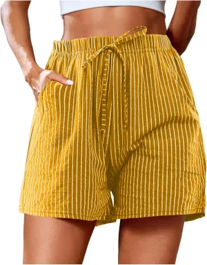 cooki Linen Shorts for Women Summer Casual High Waist Wide Leg Drawstring Striped Shorts with Pockets Elastic Beach Shorts