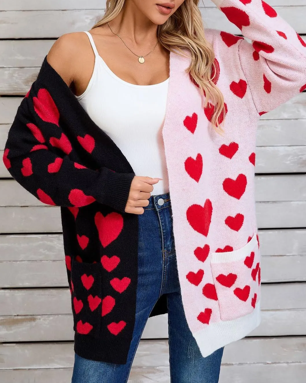 CORIRESHA Women's Longline Open Front Heart Jacquard Color Block Knit Sweater Cardigan