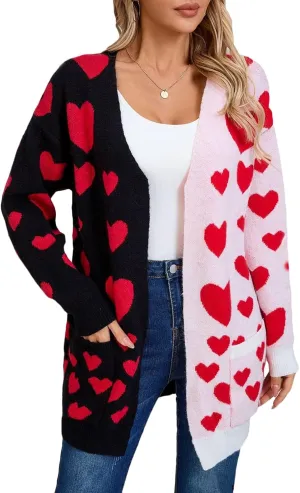 CORIRESHA Women's Longline Open Front Heart Jacquard Color Block Knit Sweater Cardigan