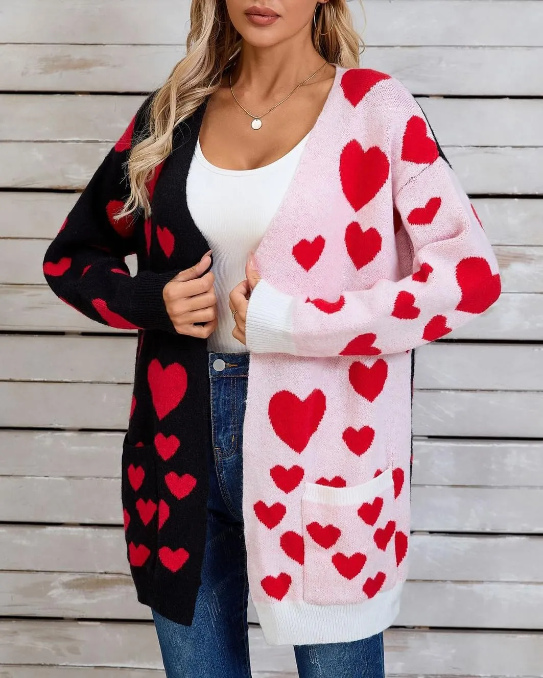 CORIRESHA Women's Longline Open Front Heart Jacquard Color Block Knit Sweater Cardigan