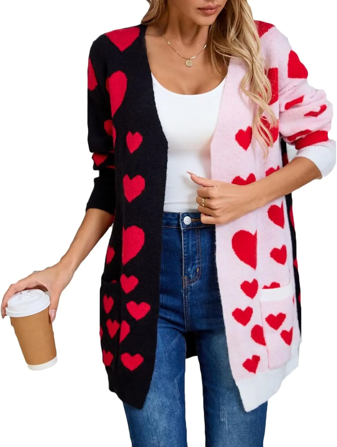 CORIRESHA Women's Longline Open Front Heart Jacquard Color Block Knit Sweater Cardigan