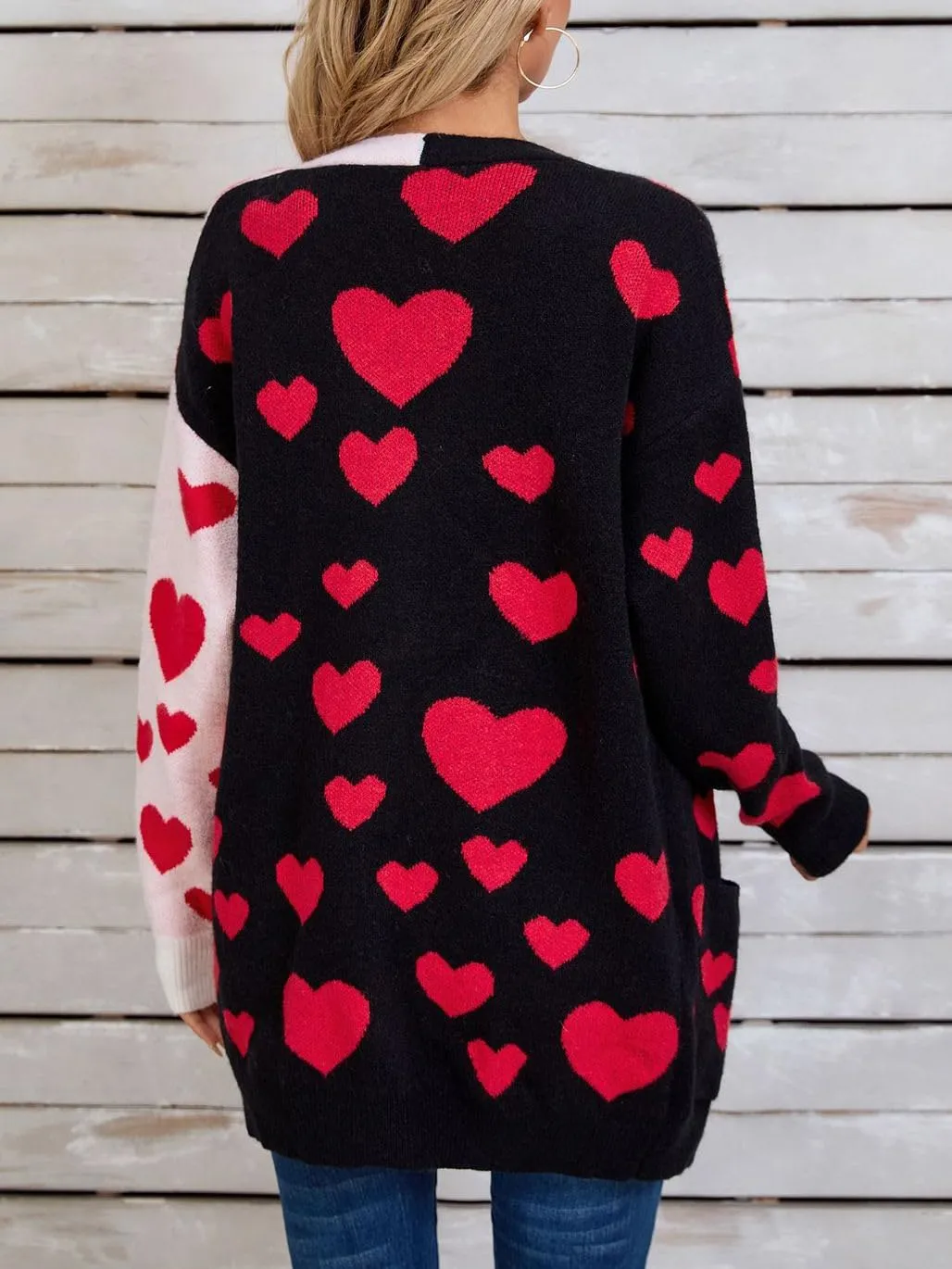 CORIRESHA Women's Longline Open Front Heart Jacquard Color Block Knit Sweater Cardigan