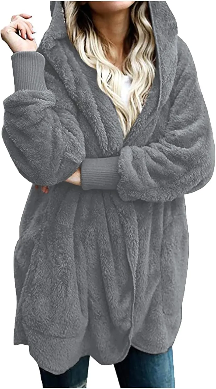 COTECRAM 2024 Womens Winter Long Sleeve Solid Fuzzy Fleece Open Front Hooded Cardigans Jacket Warm Coats Outwear Plush Tops