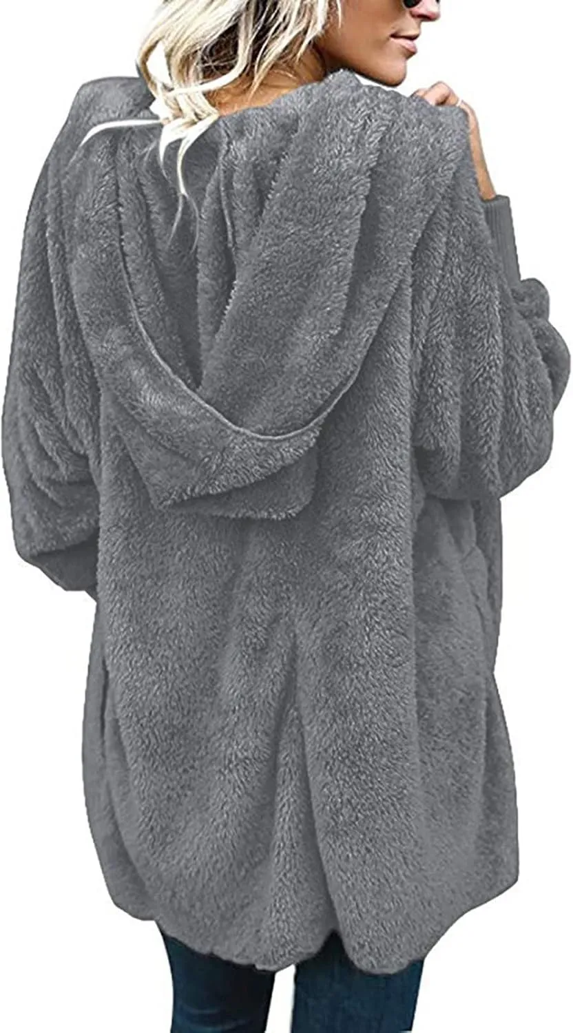 COTECRAM 2024 Womens Winter Long Sleeve Solid Fuzzy Fleece Open Front Hooded Cardigans Jacket Warm Coats Outwear Plush Tops