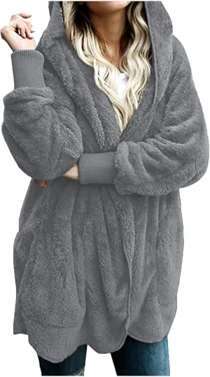 COTECRAM 2024 Womens Winter Long Sleeve Solid Fuzzy Fleece Open Front Hooded Cardigans Jacket Warm Coats Outwear Plush Tops