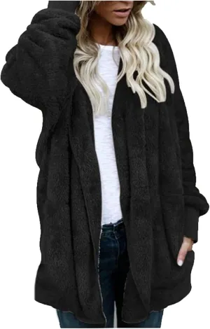 COTECRAM 2024 Womens Winter Long Sleeve Solid Fuzzy Fleece Open Front Hooded Cardigans Jacket Warm Coats Outwear Plush Tops