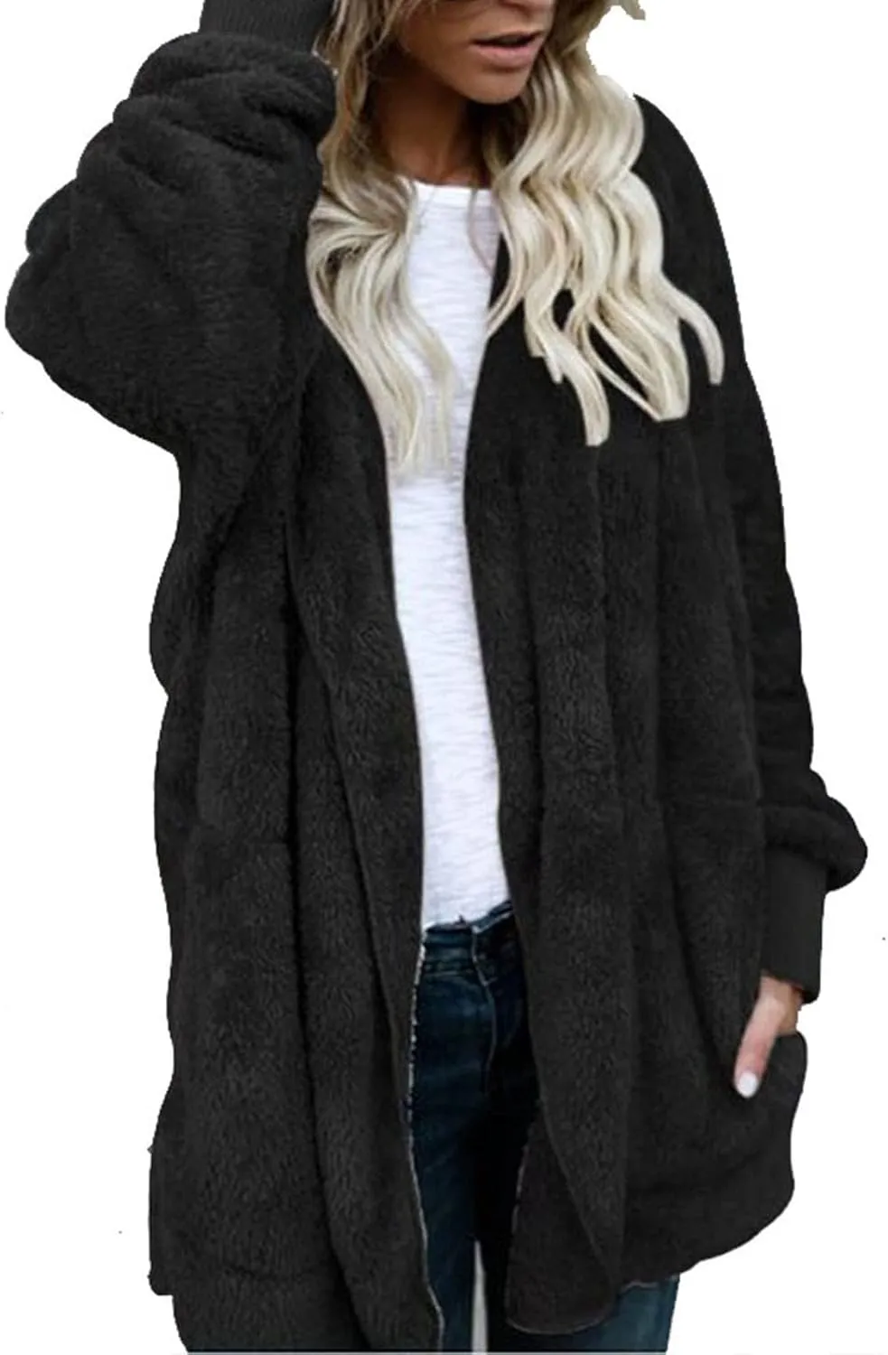 COTECRAM 2024 Womens Winter Long Sleeve Solid Fuzzy Fleece Open Front Hooded Cardigans Jacket Warm Coats Outwear Plush Tops