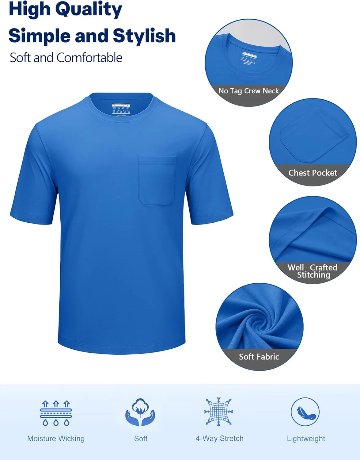 Cotrasen Men's T-Shirts Cotton Short Sleeve T Shirts for Men UPF 50  Moisture Wicking T-Shirt Casual Crew Neck Pocket Tee