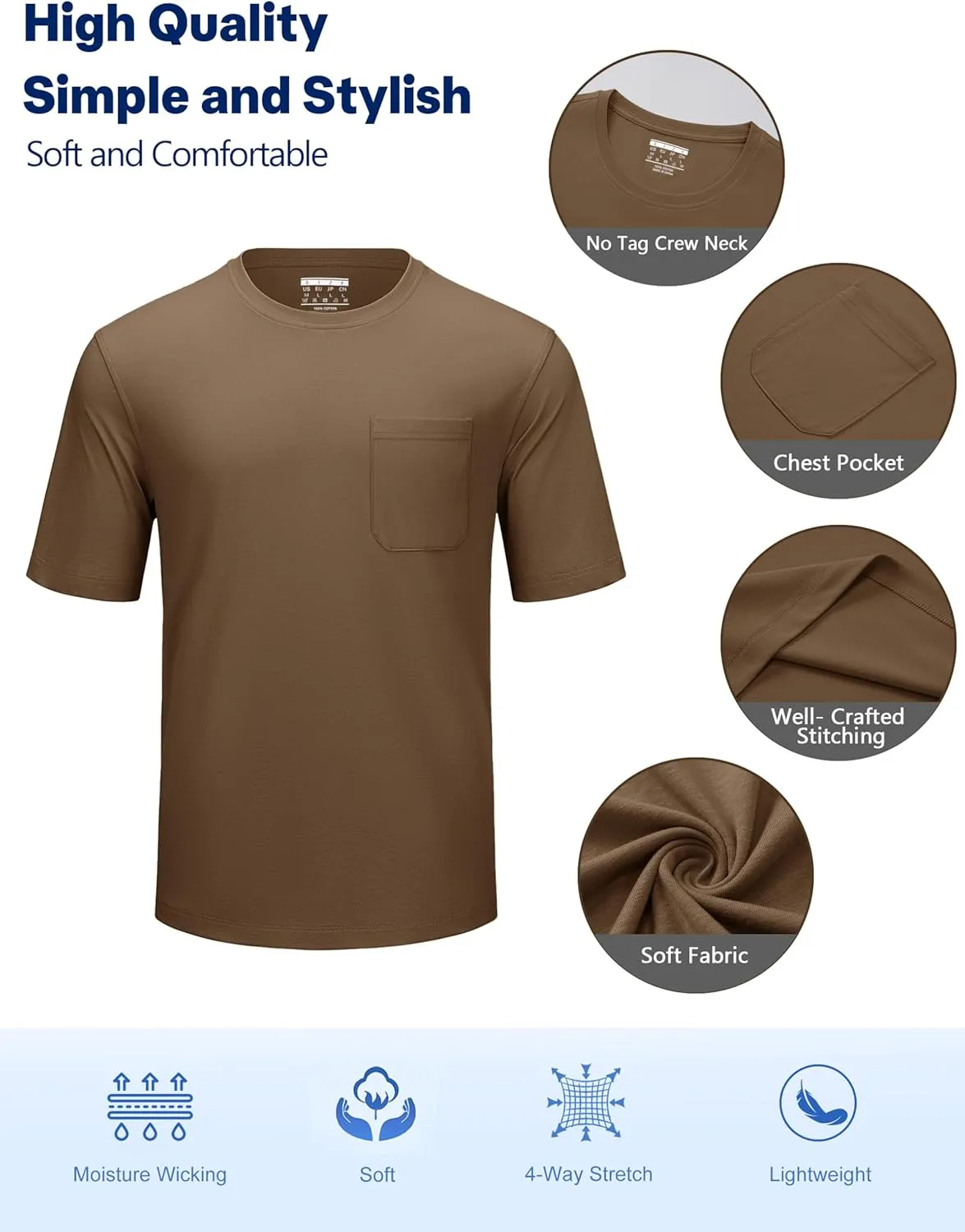 Cotrasen Men's T-Shirts Cotton Short Sleeve T Shirts for Men UPF 50  Moisture Wicking T-Shirt Casual Crew Neck Pocket Tee