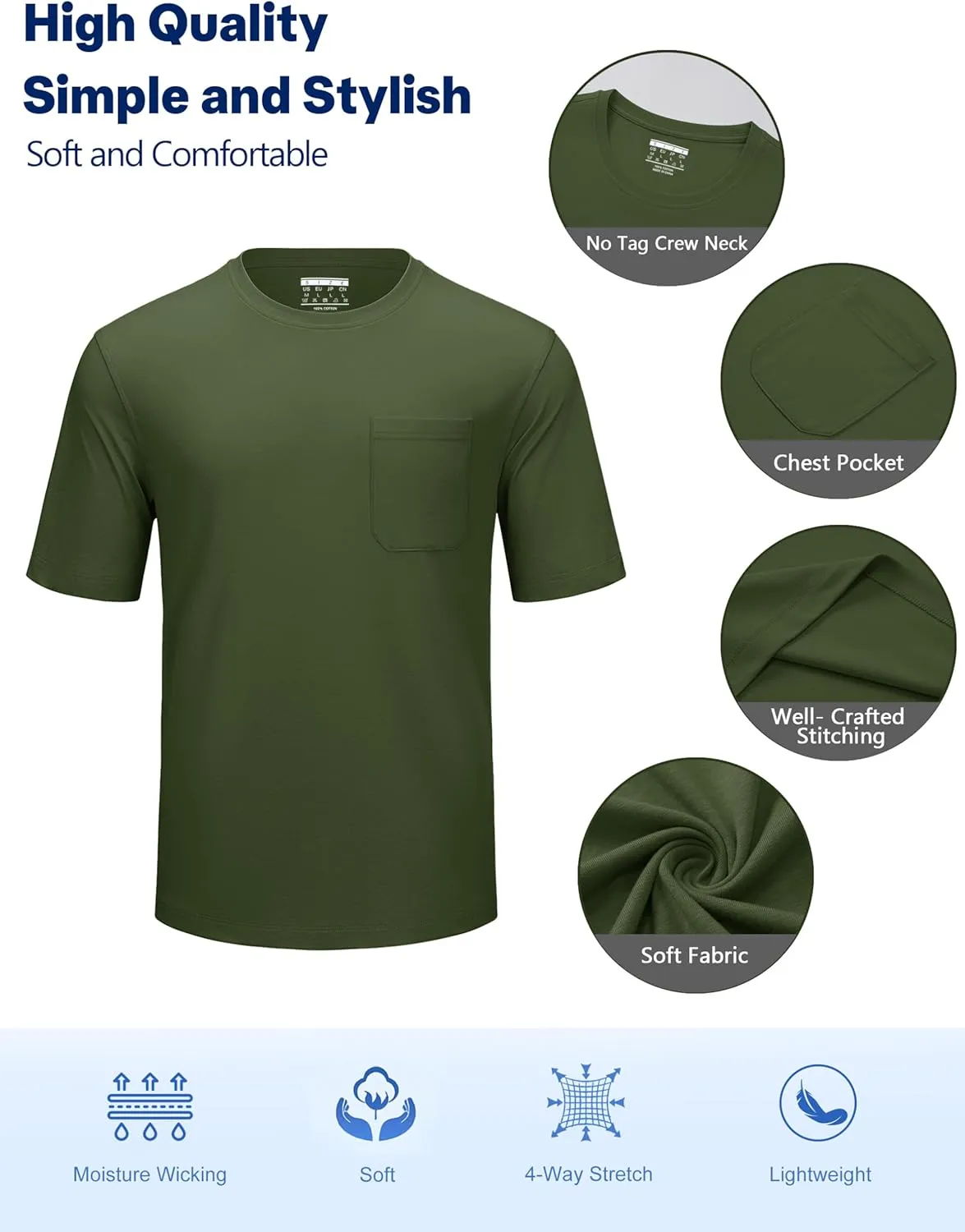 Cotrasen Men's T-Shirts Cotton Short Sleeve T Shirts for Men UPF 50  Moisture Wicking T-Shirt Casual Crew Neck Pocket Tee
