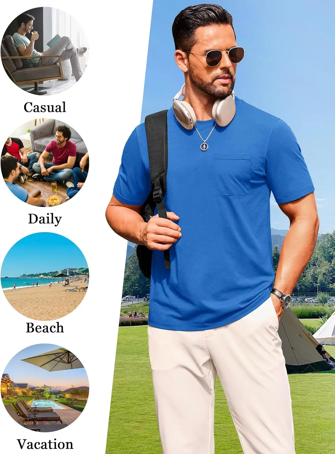 Cotrasen Men's T-Shirts Cotton Short Sleeve T Shirts for Men UPF 50  Moisture Wicking T-Shirt Casual Crew Neck Pocket Tee
