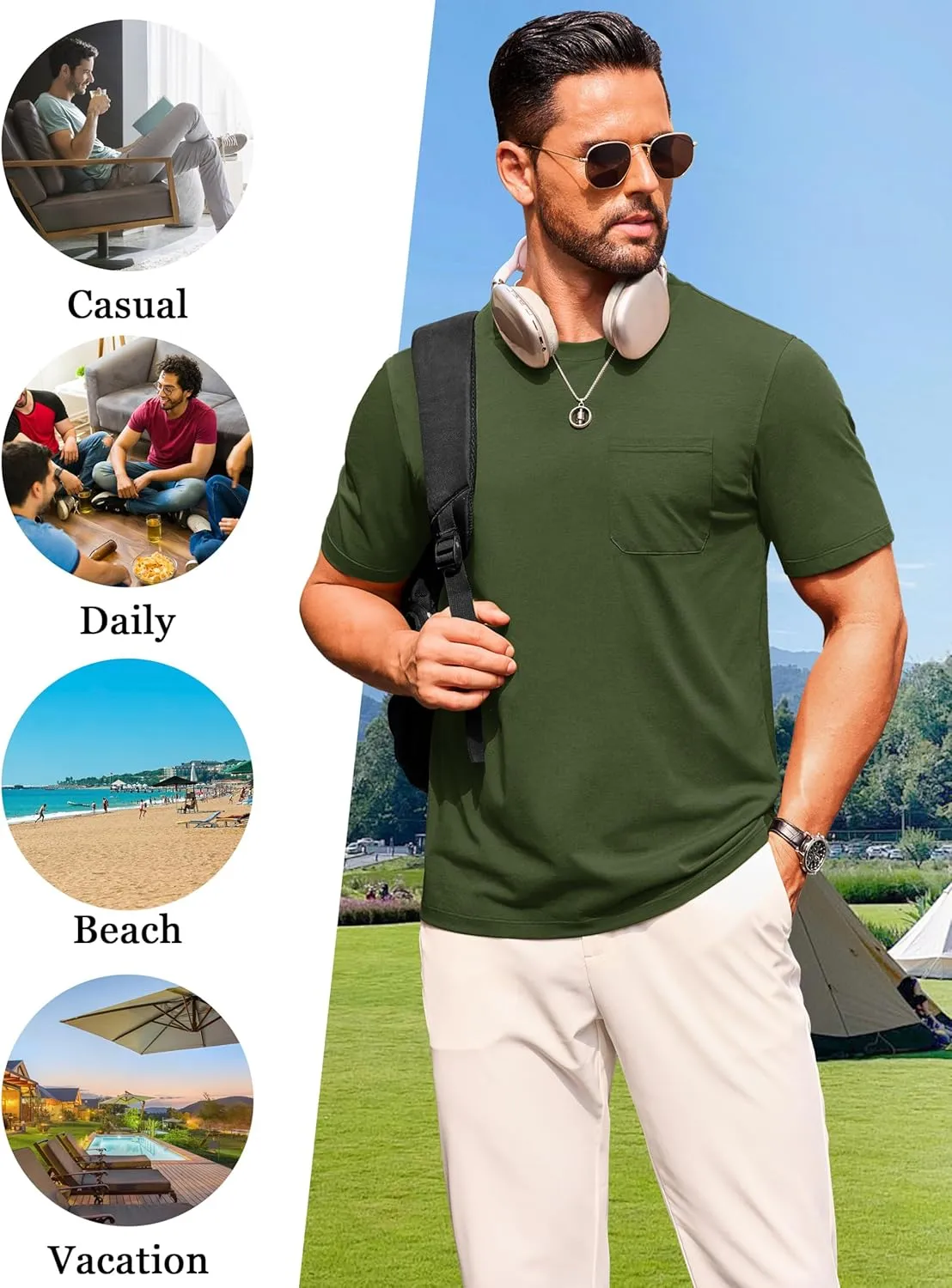 Cotrasen Men's T-Shirts Cotton Short Sleeve T Shirts for Men UPF 50  Moisture Wicking T-Shirt Casual Crew Neck Pocket Tee