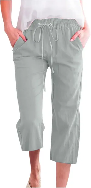 Cotton Linen Capri Pants for Women Casual Summer Drawstring Elastic Waist Pants Straight Wide Leg Pants with Pockets