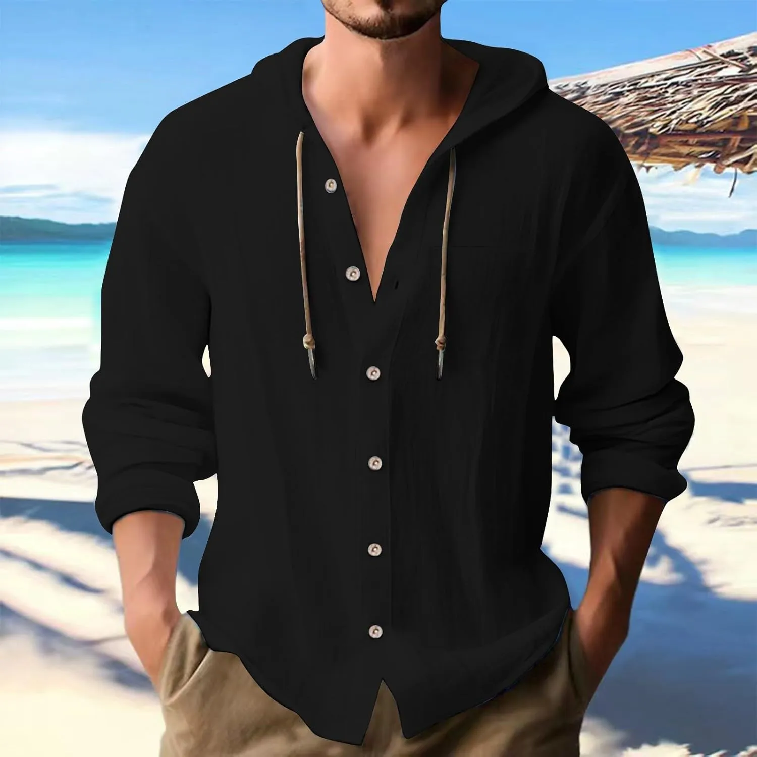 Cotton Linen Hoodies for Men Casual Lightweight Breathable Long Sleeve Button Down Hooded Beach Hippie T Shirts