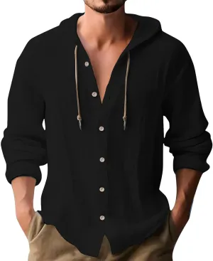 Cotton Linen Hoodies for Men Casual Lightweight Breathable Long Sleeve Button Down Hooded Beach Hippie T Shirts
