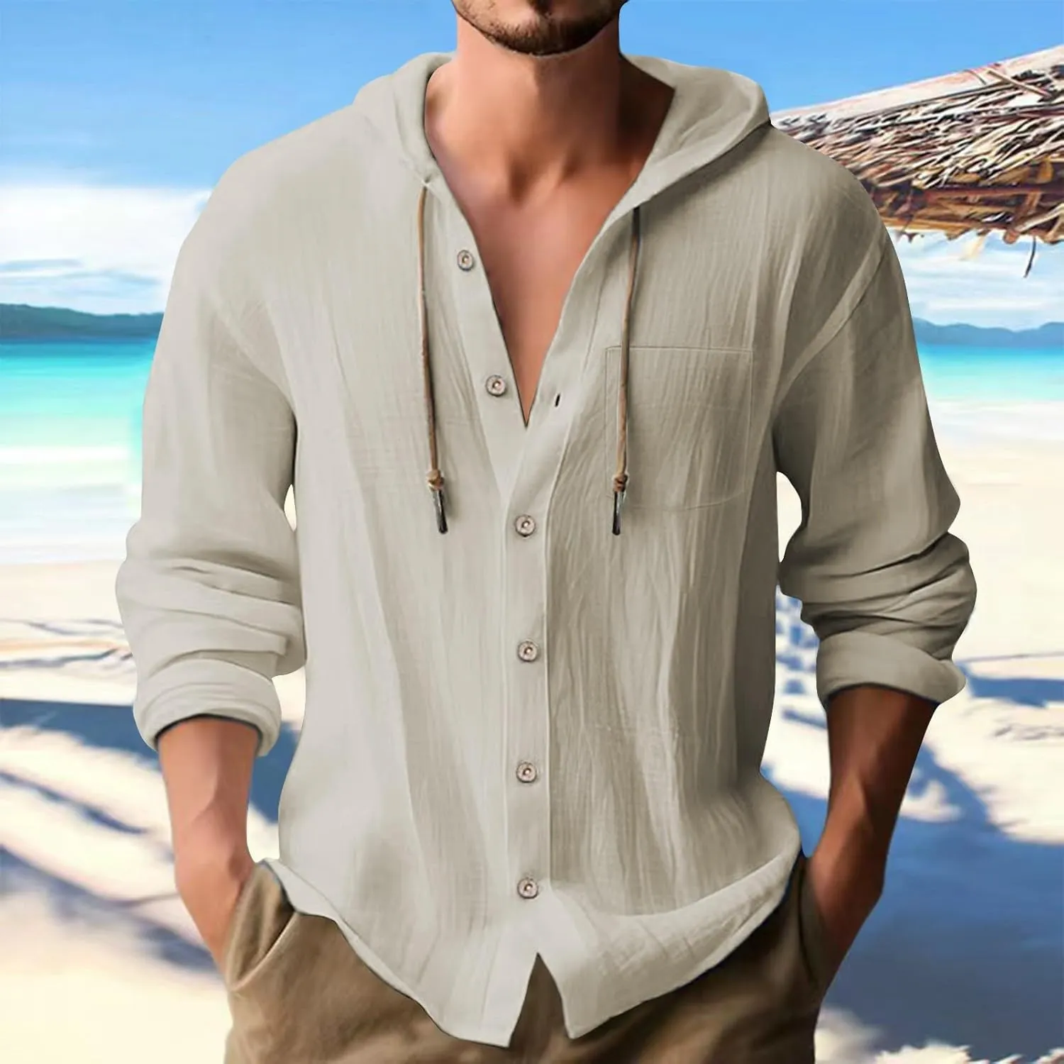 Cotton Linen Hoodies for Men Casual Lightweight Breathable Long Sleeve Button Down Hooded Beach Hippie T Shirts