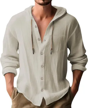 Cotton Linen Hoodies for Men Casual Lightweight Breathable Long Sleeve Button Down Hooded Beach Hippie T Shirts