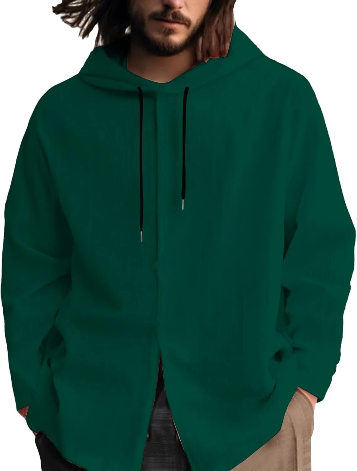 Cotton Linen Hoodies for Men Casual Long Sleeve Lightweight Breathable Button Down Hooded Sweatshirts Beach Yoga Tops
