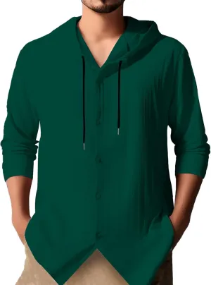 Cotton Linen Hoodies for Men Casual Long Sleeve Lightweight Breathable Button Down Hooded Sweatshirts Beach Yoga Tops