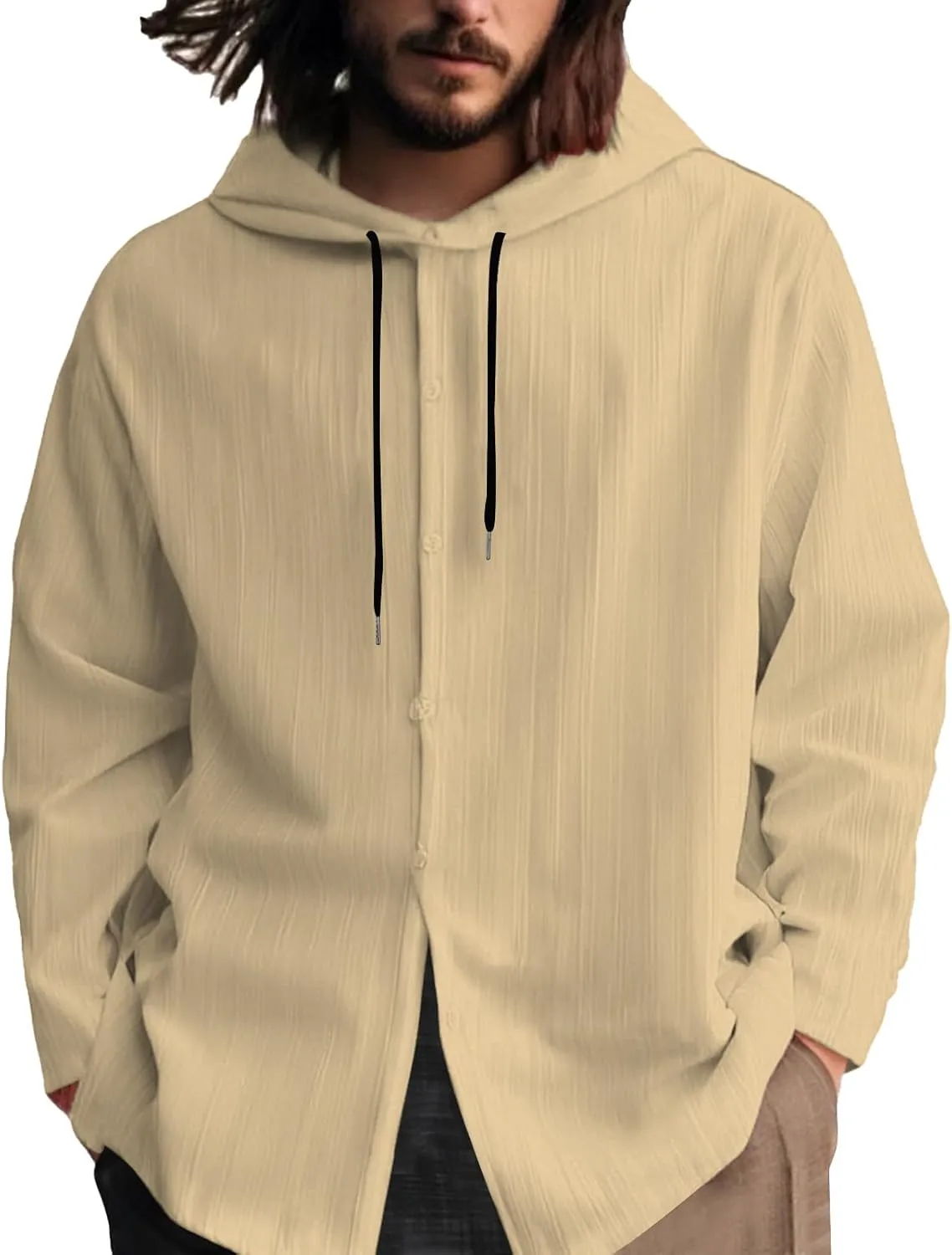 Cotton Linen Hoodies for Men Casual Long Sleeve Lightweight Breathable Button Down Hooded Sweatshirts Beach Yoga Tops