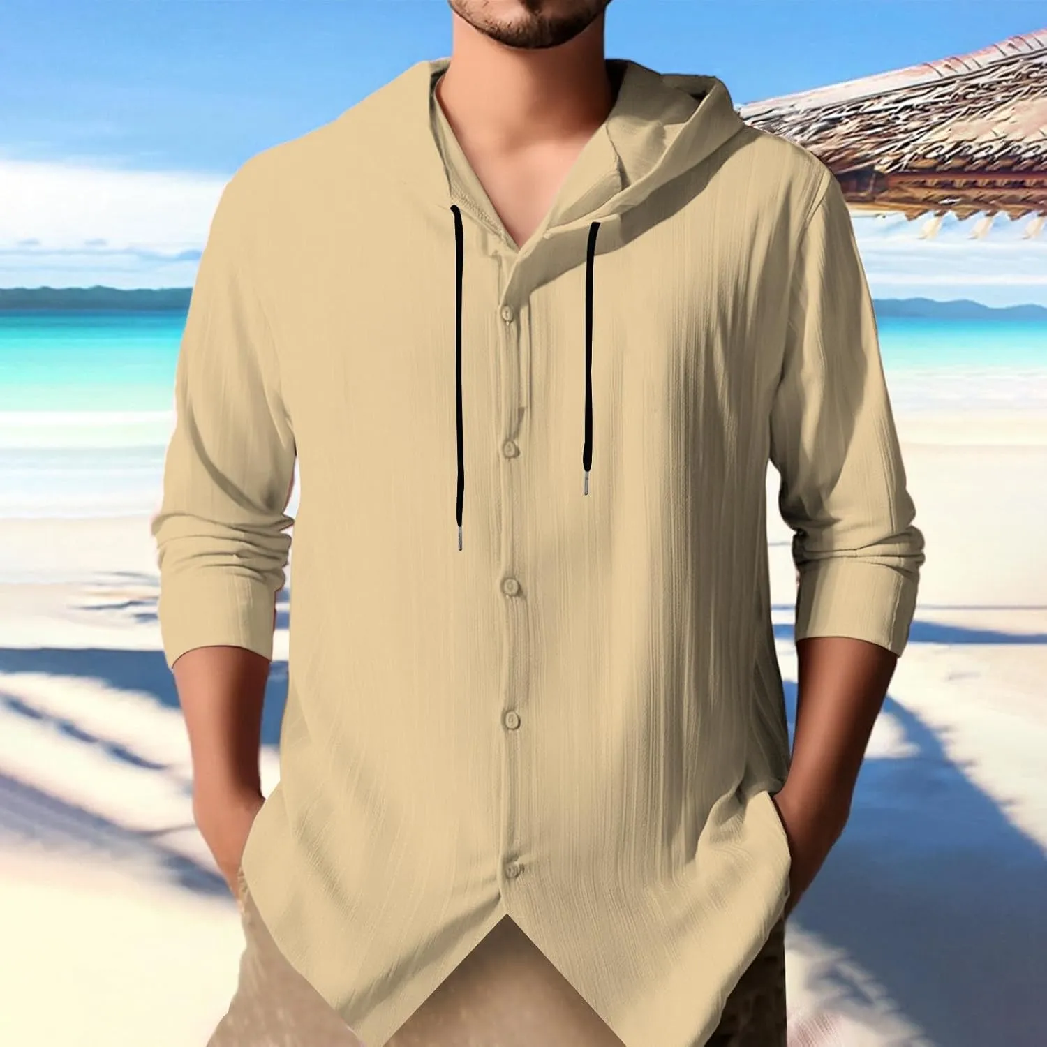 Cotton Linen Hoodies for Men Casual Long Sleeve Lightweight Breathable Button Down Hooded Sweatshirts Beach Yoga Tops