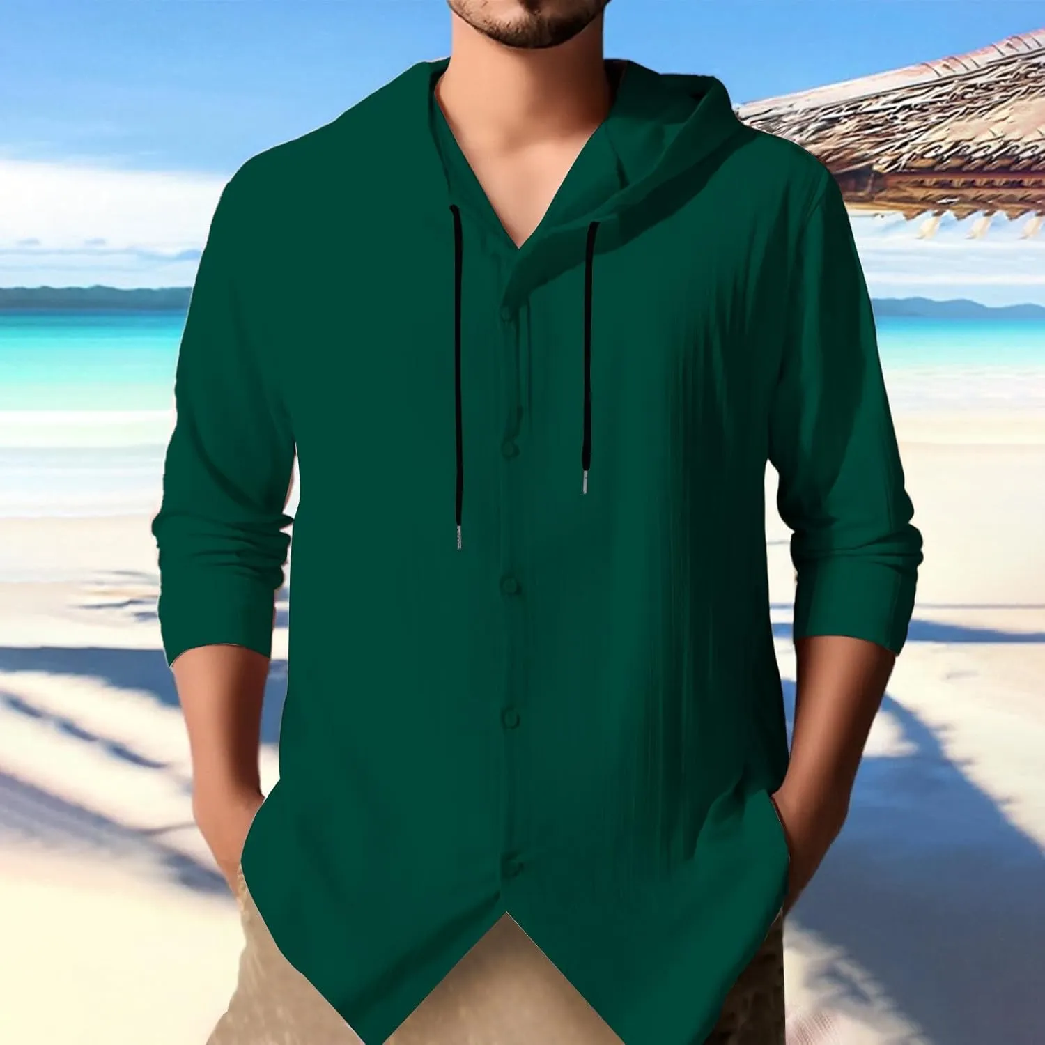 Cotton Linen Hoodies for Men Casual Long Sleeve Lightweight Breathable Button Down Hooded Sweatshirts Beach Yoga Tops