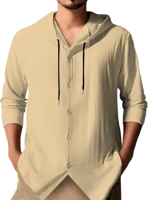 Cotton Linen Hoodies for Men Casual Long Sleeve Lightweight Breathable Button Down Hooded Sweatshirts Beach Yoga Tops
