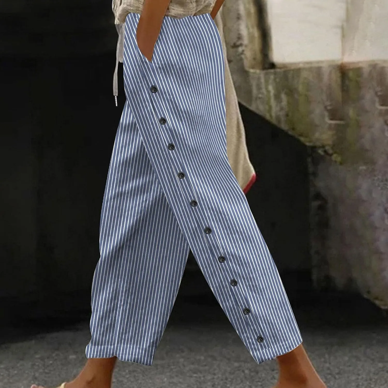Cotton Linen Pants for Women Drawstring High Elastic Waist Trousers Summer Trendy Strip Buttoned Side Tapered Pants
