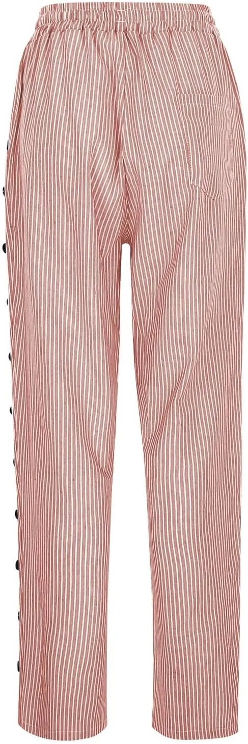 Cotton Linen Pants for Women Drawstring High Elastic Waist Trousers Summer Trendy Strip Buttoned Side Tapered Pants