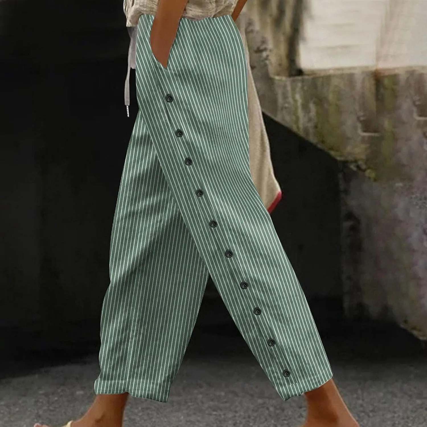 Cotton Linen Pants for Women Drawstring High Elastic Waist Trousers Summer Trendy Strip Buttoned Side Tapered Pants