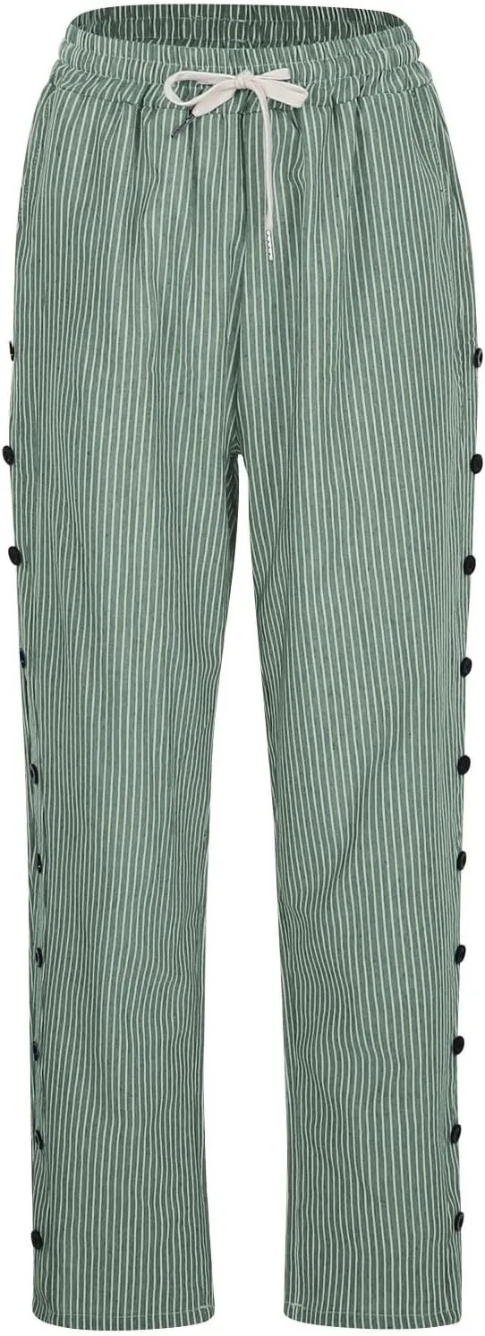 Cotton Linen Pants for Women Drawstring High Elastic Waist Trousers Summer Trendy Strip Buttoned Side Tapered Pants