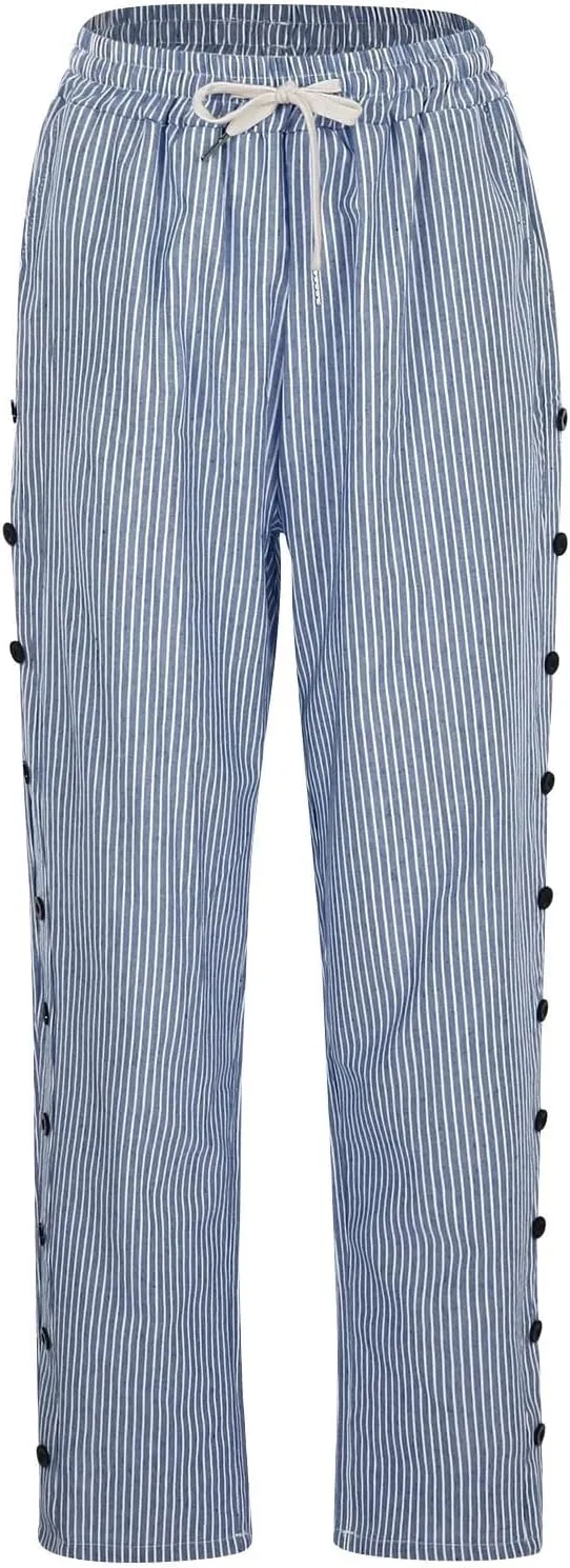 Cotton Linen Pants for Women Drawstring High Elastic Waist Trousers Summer Trendy Strip Buttoned Side Tapered Pants