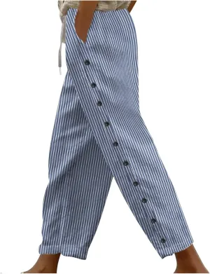 Cotton Linen Pants for Women Drawstring High Elastic Waist Trousers Summer Trendy Strip Buttoned Side Tapered Pants