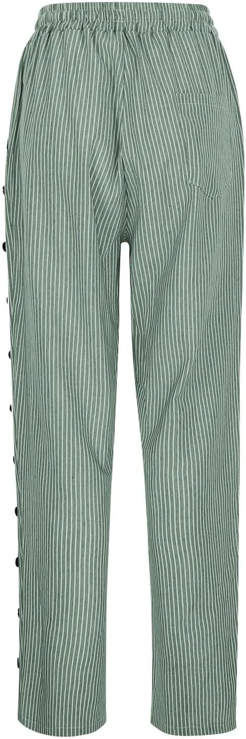 Cotton Linen Pants for Women Drawstring High Elastic Waist Trousers Summer Trendy Strip Buttoned Side Tapered Pants