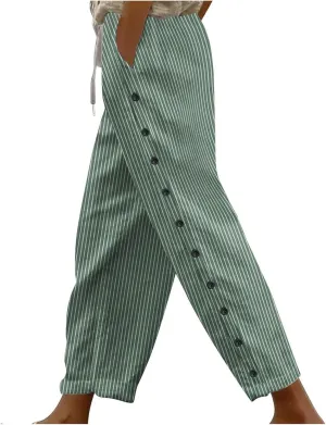 Cotton Linen Pants for Women Drawstring High Elastic Waist Trousers Summer Trendy Strip Buttoned Side Tapered Pants