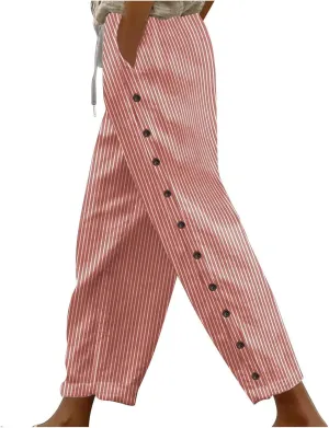 Cotton Linen Pants for Women Drawstring High Elastic Waist Trousers Summer Trendy Strip Buttoned Side Tapered Pants